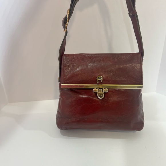 Vintage 60s 70s Leather Handbag AIGNER Handmade Shoulder Bag Maroon Purse - Picture 14 of 16
